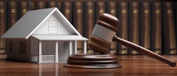 House model and auction judge gavel on a wood desk, law books background. 3d illustration - Photo, Image