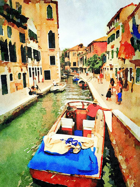 rzut oka na małe kanały z łodzi między zabytkowymi budynkami w centrum Wenecji - Zdjęcie, obraz