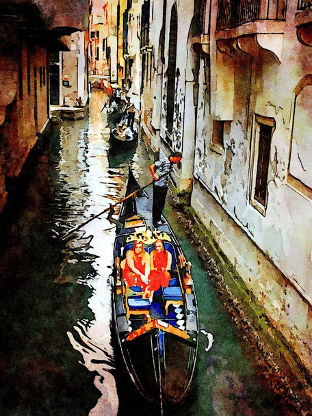 взгляд на небольшие каналы с гондолами между историческими зданиями в центре Венеции
 - Фото, изображение
