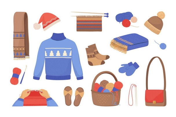 Tejer lana. Dibujos animados bufandas de invierno manoplas suéteres sombreros y calcetines, ropa de punto y accesorios. Hilados e hilos de lana vectorial
 - Vector, Imagen