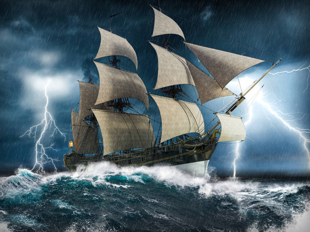Ιστιοπλοϊκό πλοίο αγωνίζεται σε μια βαριά καταιγίδα με κεραυνό - Φωτογραφία, εικόνα