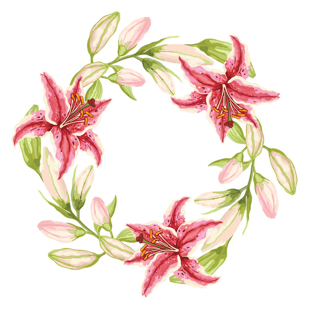 Three Pink-Red Lilies. Wreath of pink-red flowers, green leaves  - Vecteur, image