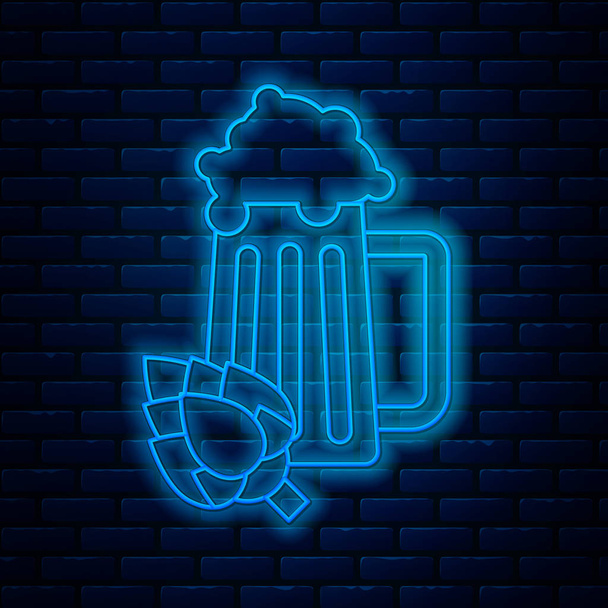Glowing neon line Glass of beer and hop icon isolated on brick wall background. Vector Illustration - Vector, Image