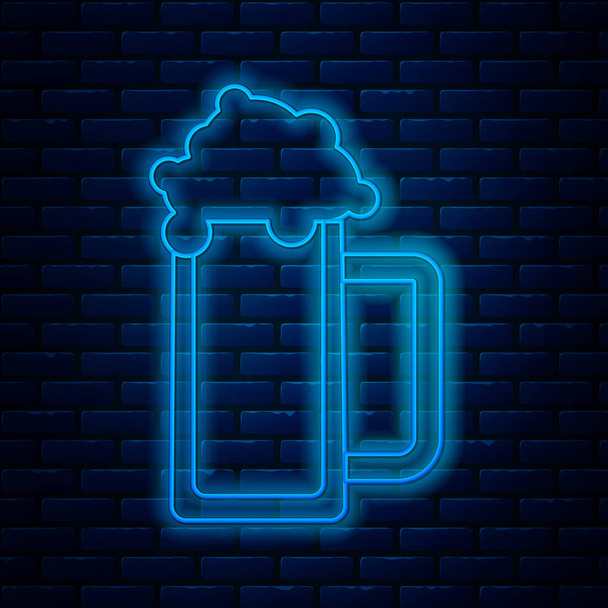 Gloeiende neon lijn Glas van bier pictogram geïsoleerd op baksteen muur achtergrond. Vector Illustratie - Vector, afbeelding
