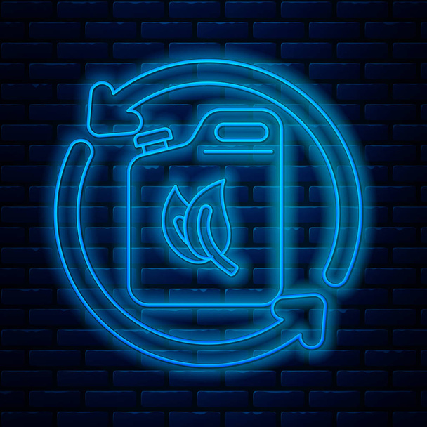 Glowing neon line Bio fuel canister icon isolated on brick wall background. Eco bio and barrel. Green environment and recycle. Vector Illustration - Vector, Image