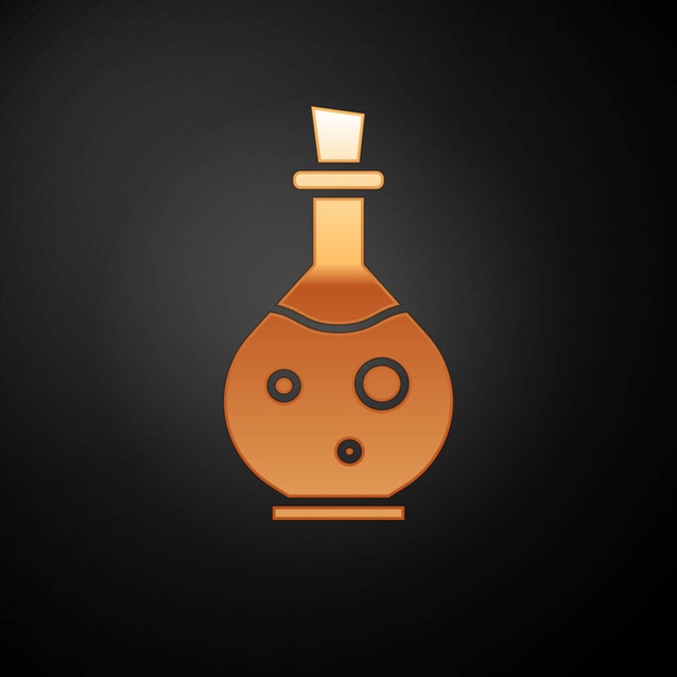 Gold Glass bottle with magic elixir icon isolated on black background. Computer game asset. Vector Illustration - Vector, Image