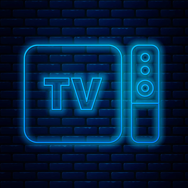 Gloeiende neon lijn Multimedia en TV box ontvanger en speler met afstandsbediening pictogram geïsoleerd op baksteen muur achtergrond. Vector Illustratie - Vector, afbeelding