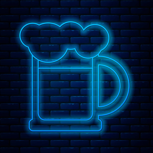 Glowing neon line Wooden beer mug icon isolated on brick wall background. Vector Illustration - Vector, Image