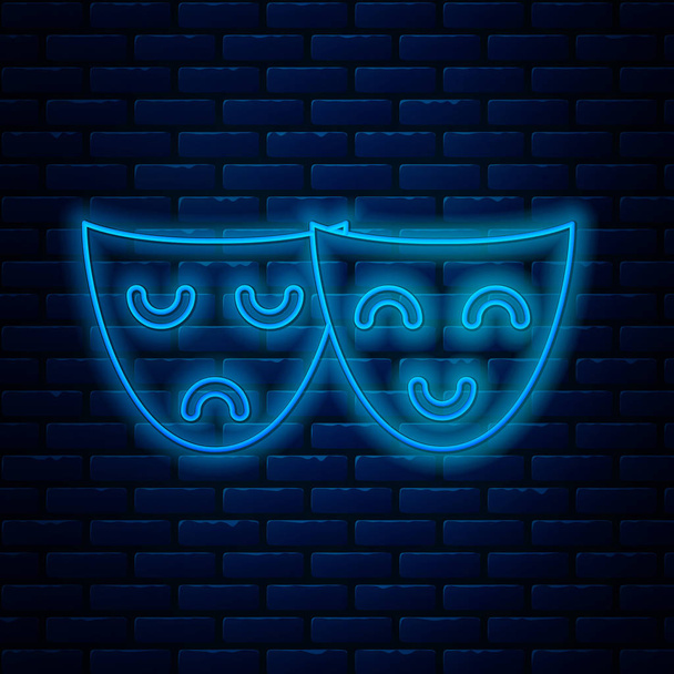 Leuchtende Leuchtlinien Comedy und Tragödie theatralische Masken Ikone isoliert auf Backsteinmauer Hintergrund. Vektorillustration - Vektor, Bild