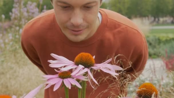 Mann in orangefarbenem Sweatshirt genießt Echinacea-Geruch im Park - Filmmaterial, Video
