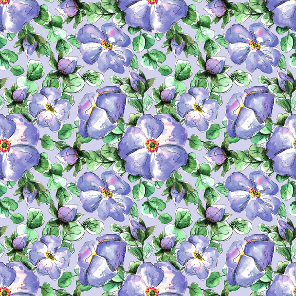 Seamless watercolor pattern with hand-drawn coral wild rose flowers for your print and textile design. light blue flowers and buds, green rosehip leaves on a blue background - Foto, immagini