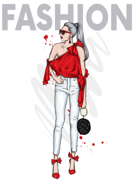 Beautiful high in pants and a shirt. Stylish clothes and accessories. Fashionable woman. Vector illustration. Fashion & Style. Fashion look.  - Vector, Image