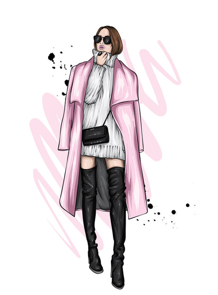 Beautiful girl in a stylish coat and high boots. Fashionista with glasses. Vector illustration. Fashion and style, clothes and accessories. - Vettoriali, immagini