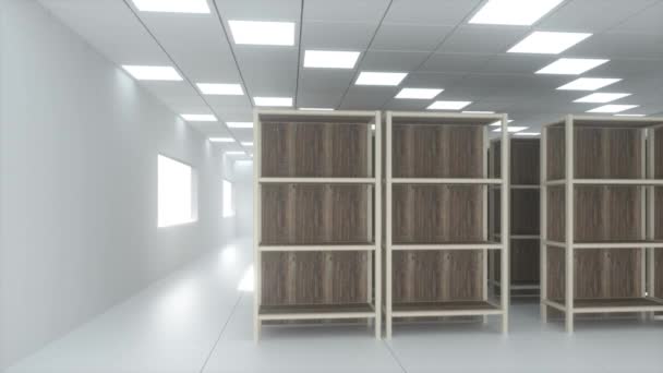 Linhas de estantes na sala brilhante, renderização 3d
. - Filmagem, Vídeo