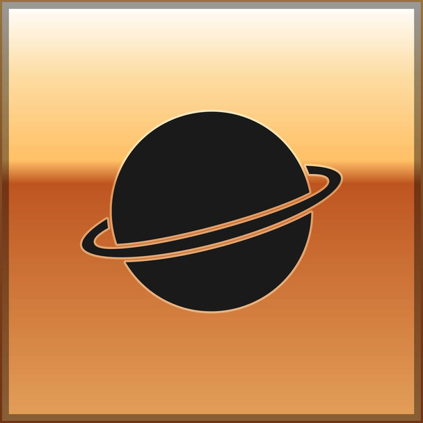 schwarzer Planet saturn mit Planetenringsystem-Symbol isoliert auf goldenem Hintergrund. Vektorillustration - Vektor, Bild
