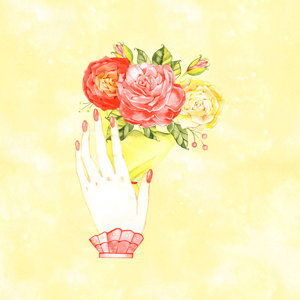 A bouquet of yellow and red roses, vintage styled watercolor drawing on white background a decorative border for a birthday card or wedding invitation design - Zdjęcie, obraz