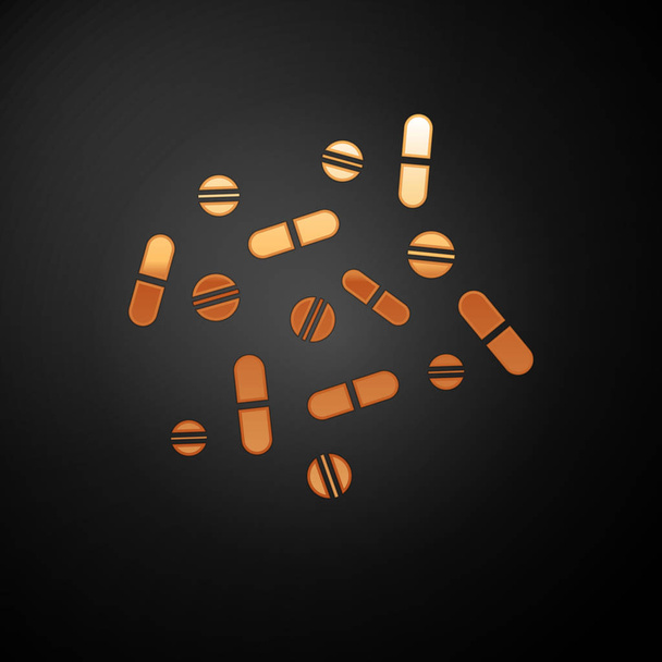 Medecina de oro píldora o tableta icono aislado sobre fondo negro. Cápsula de píldora y signo de drogas. Diseño de farmacia. Ilustración vectorial
 - Vector, imagen