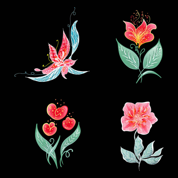Set of 4 summer colorful tropical flowers. Floral botanical flower set isolated on black background. Hand drawn vector collection. Botanical Hawaii nature. Tropical palm icon. Hawaiian illustration - Vector, Imagen