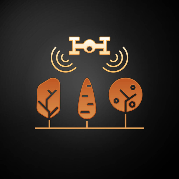 Gold Smart Farm mit Drohnensteuerung und Baum-Symbol isoliert auf schwarzem Hintergrund. Innovationstechnologie für landwirtschaftliche Unternehmen. Vektorillustration - Vektor, Bild