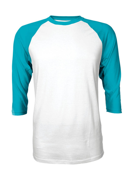 A modern Front View Three Quarter Sleeves Baseball Tshirt Mock Up In Scuba Blue Arms Color to help you adding your Tshirt designs like a pro. - Photo, Image
