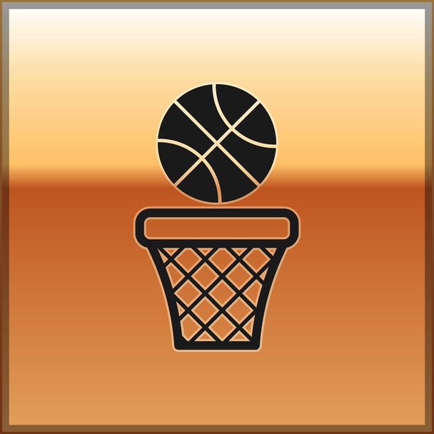 Ballon de basket noir et icône de panier isolé sur fond or. Balle dans le panier de basket. Illustration vectorielle
 - Vecteur, image