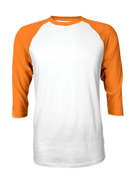 現代的なフロントビュー3つのクオータースリーブ野球Tシャツは、プロのようにTシャツのデザインを追加するのを助けるためにターメリックパウダーアームズカラーでモックアップします. - 写真・画像