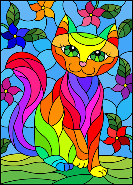 Kuvitus lasimaalauksia tyyliin sateenkaaren söpö kissa taustalla niityt, kirkkaat kukat ja taivas
 - Vektori, kuva