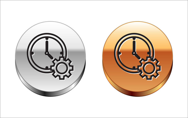 Black line Time Management icon isolated on white background. Clock and gear sign. Productivity symbol. Silver-gold circle button. Vector Illustration - Vettoriali, immagini
