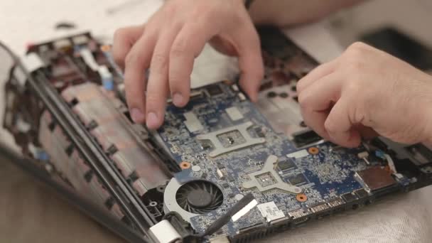 Gros plan de technicien mains réparer ordinateur portable système de refroidissement. - Séquence, vidéo