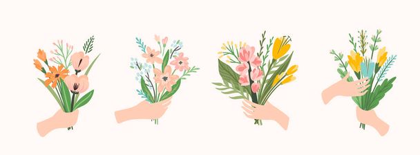 Vector illustration bouquets of flowers in hands. Design template - Vector, Image