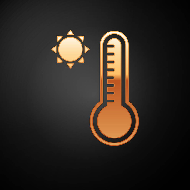 Goldmeteorologie-Thermometer, das Hitze und Kälte misst, isoliert auf schwarzem Hintergrund. Thermometerausrüstung, die heißes oder kaltes Wetter zeigt. Vektorillustration - Vektor, Bild