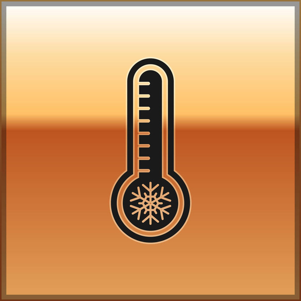 schwarzes Meteorologie-Thermometer, das Hitze und Kälte misst, isoliert auf goldenem Hintergrund. Thermometerausrüstung, die heißes oder kaltes Wetter zeigt. Vektorillustration - Vektor, Bild