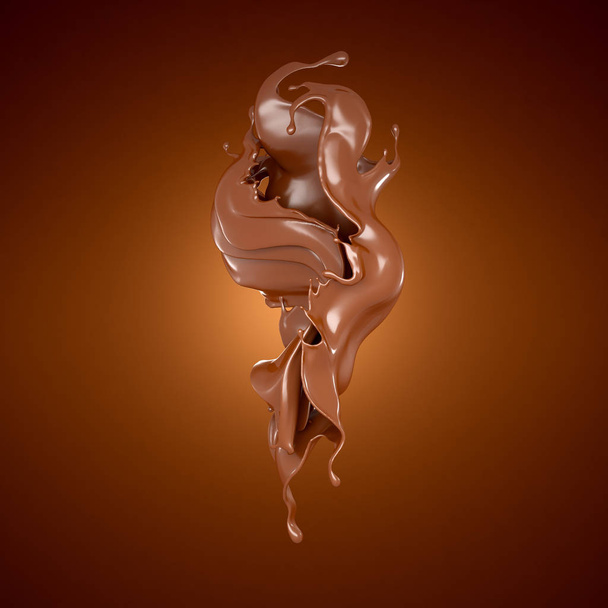 A splash of chocolate on a brown background. 3d illustration, 3d rendering. - Foto, afbeelding