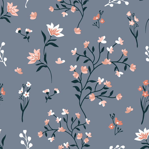 Seamless print with lilies and blooming cherry. - Vector, imagen