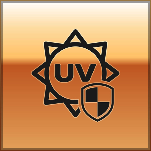 Icono de protección UV negro aislado sobre fondo dorado. Sol y escudo. Radiación ultravioleta. Señal solar SPF. Ilustración vectorial
 - Vector, imagen