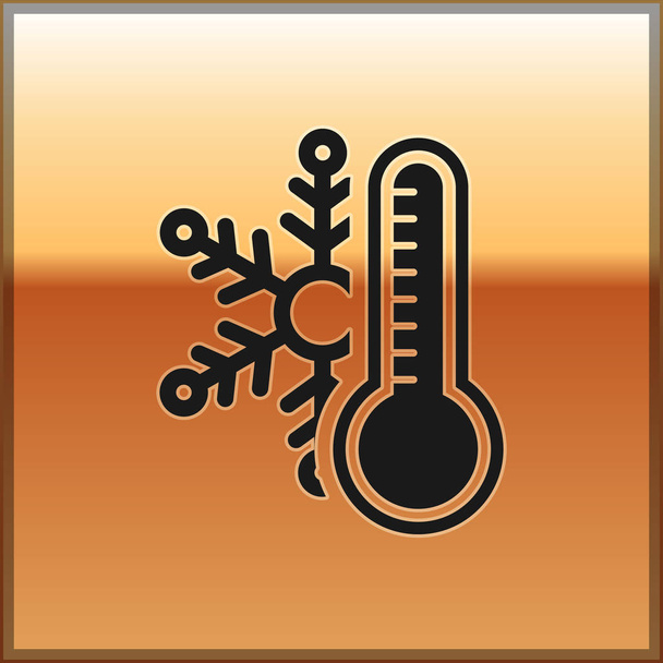 Zwarte thermometer met sneeuwvlokje pictogram geïsoleerd op gouden achtergrond. Vector Illustratie - Vector, afbeelding