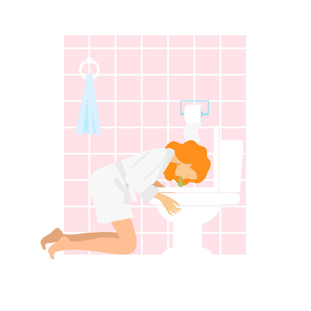 Vrouw kotst in het toilet. Vrouw die ochtendziekte ervaart. tekenen van zwangerschapssymptomen. - Vector, afbeelding