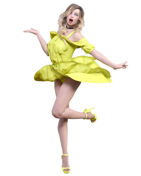Beautiful blonde woman in light summer waving dress. - Foto, imagen
