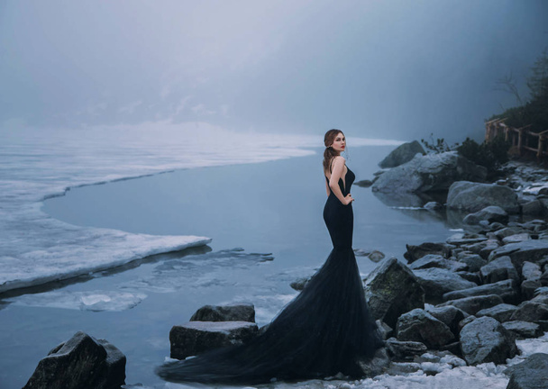 Gothic sexy woman vamp. tourist poses in creative long dress train on shore of frozen picturesque Lake Morskie Oko in Carpathian Mountains Tatras Poland. Blue ice melts cold fog bad weather. Rear view - Fotó, kép