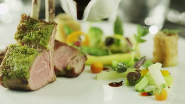 Chef Serving Delicious Lamb Meat with Vegetables. Close-Up - Felvétel, videó