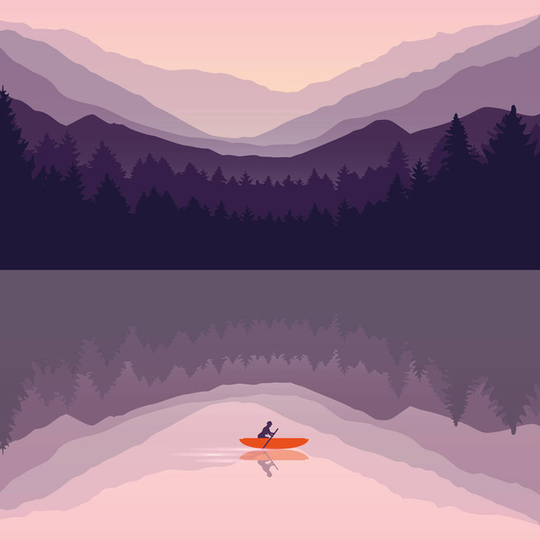 одинокое приключение на каноэ с оранжевой лодкой на восходе солнца на озере
 - Вектор,изображение