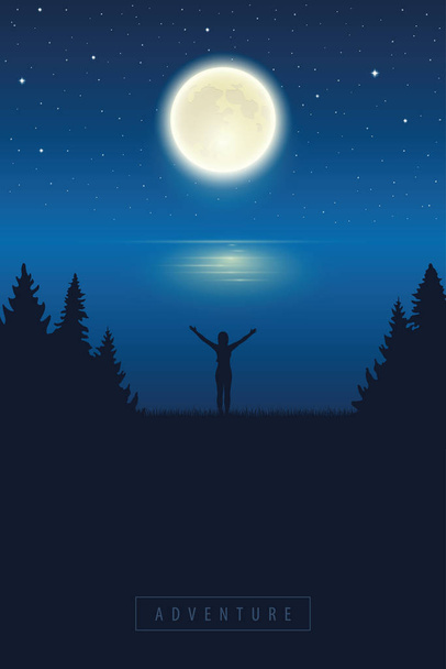 дівчина з піднятою рукою насолоджується повним місяцем біля озера
 - Вектор, зображення
