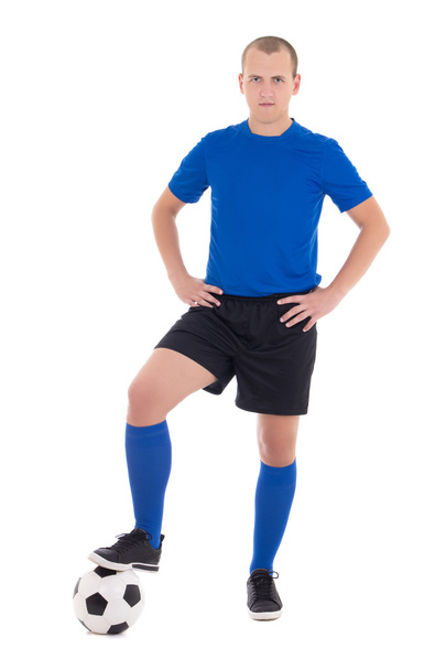 voetbalspeler in blauw poseren met een bal geïsoleerd op witte backg - Foto, afbeelding