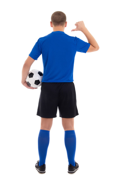 Soccer player in blue uniform showing on her back isolated on wh - Photo, Image