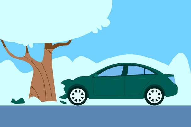 Een auto botste tegen een boom. Winterongeluk. Vectorillustratie - Vector, afbeelding