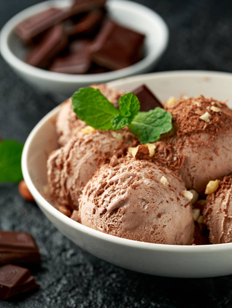 Crème glacée au chocolat aux barres de chocolat noir et noisettes dans un bol blanc
 - Photo, image