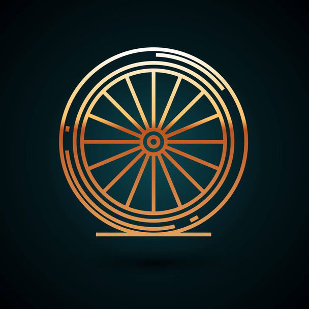 Значок велосипедного колеса золотой линии изолирован на темно-синем фоне. Велогонка. Экстремальный спорт. Спортивное оборудование. Векторная миграция
 - Вектор,изображение