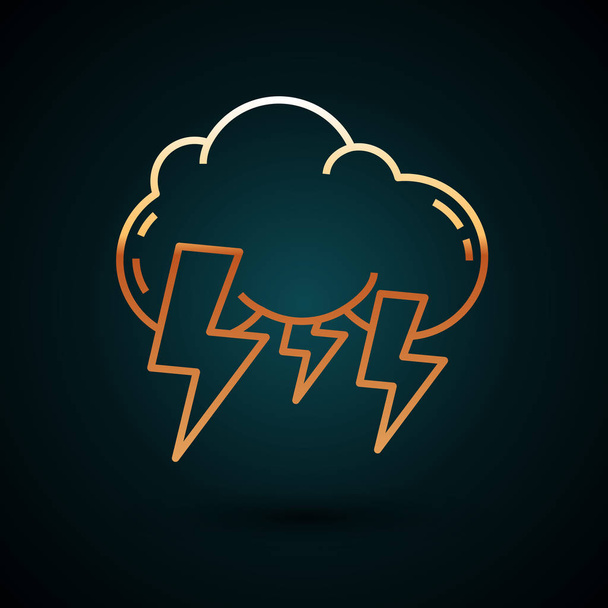 Goldlinie Sturmsymbol isoliert auf dunkelblauem Hintergrund. Wolke und Blitz. Wetter-Ikone Sturm. Vektorillustration - Vektor, Bild