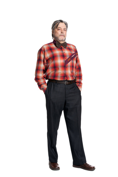 Elderly man in a plaid shirt and a bow tie - Photo, Image
