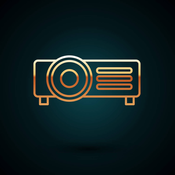 Zlatá linie Prezentace, film, film, mediální projektor ikona izolované na tmavomodrém pozadí. Vektorová ilustrace - Vektor, obrázek